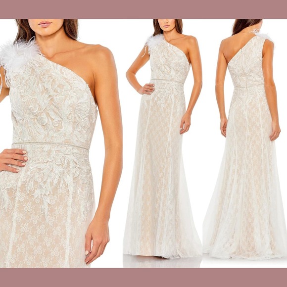 NEW Mac Duggal [ 8 ] 11317 Lace Embellishe Feather One Shoulder Gown IVORY White - Picture 1 of 7